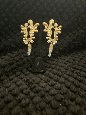 Schiaparelli Inspired Gold Crystal and Pearl Accent Drop Earrings
